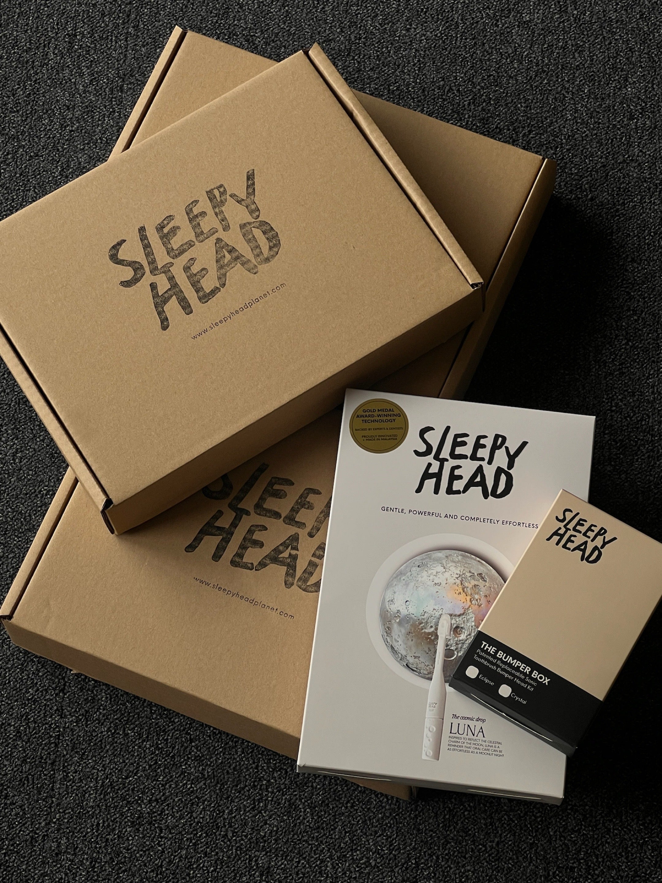 Sleepy Head product packaging on a dark surface